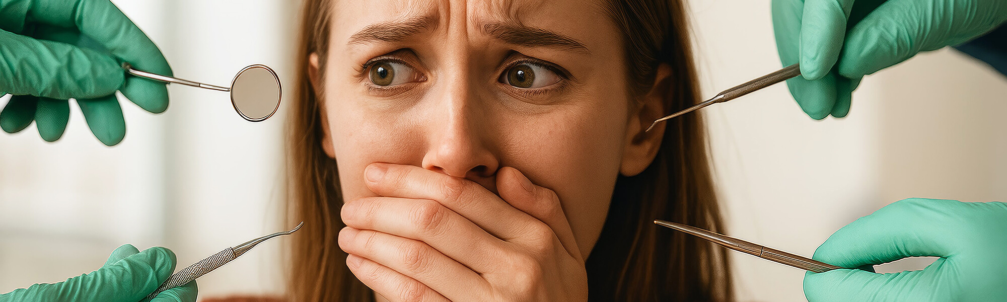 Person mit besorgtem Gesichtsausdruck im Zahnarztstuhl, hält sich den Mund zu, während mehrere zahnärztliche Instrumente herangeführt werden.