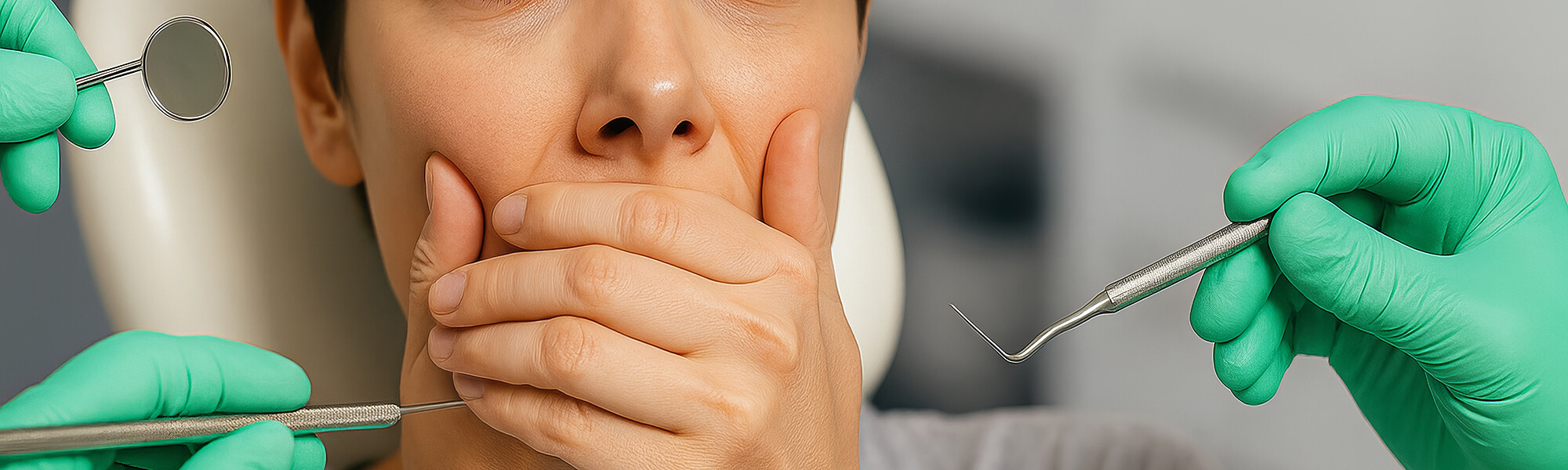 Nahaufnahme einer Person im Zahnarztstuhl, die sich ängstlich den Mund zuhält, während zahnärztliche Instrumente herangeführt werden.