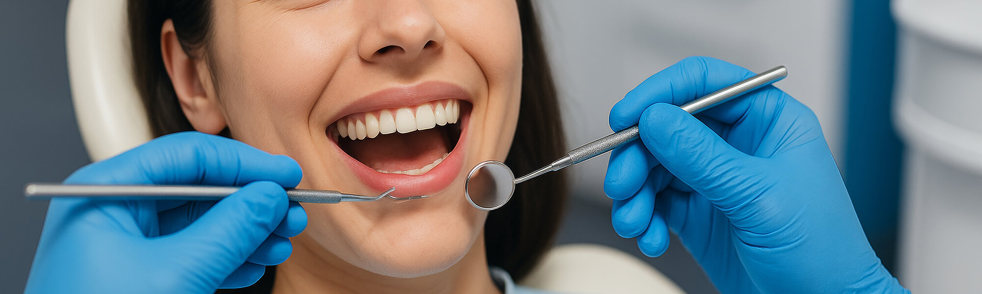 Lächelnde Person im Zahnarztstuhl während einer Untersuchung, Zahnarzt trägt blaue Handschuhe und hält Instrumente im Mundbereich.