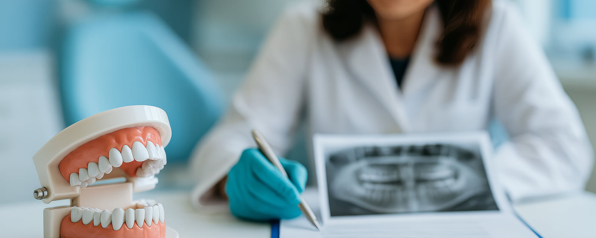 Zahnärztin zeigt einem Patienten ein Röntgenbild mit Zahnstatus und erklärt die Befunde, Patient lächelt zustimmend.