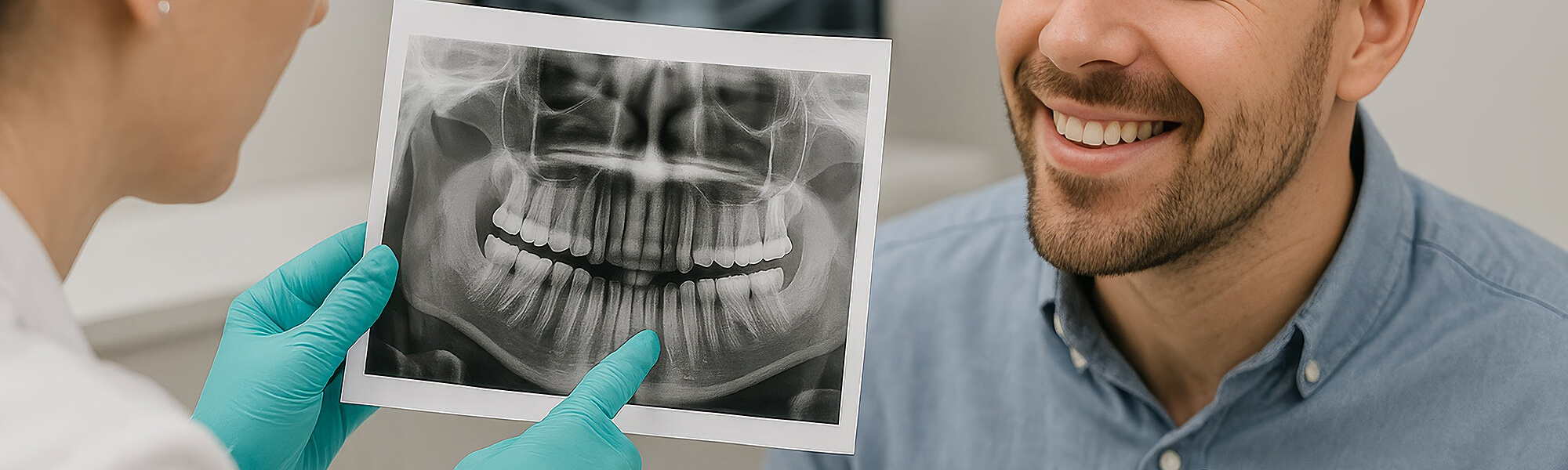 Zahnärztin und Patient im Gespräch vor einem Röntgenbild das dass Gebiss zeigt, Patient lächelt freundlich.