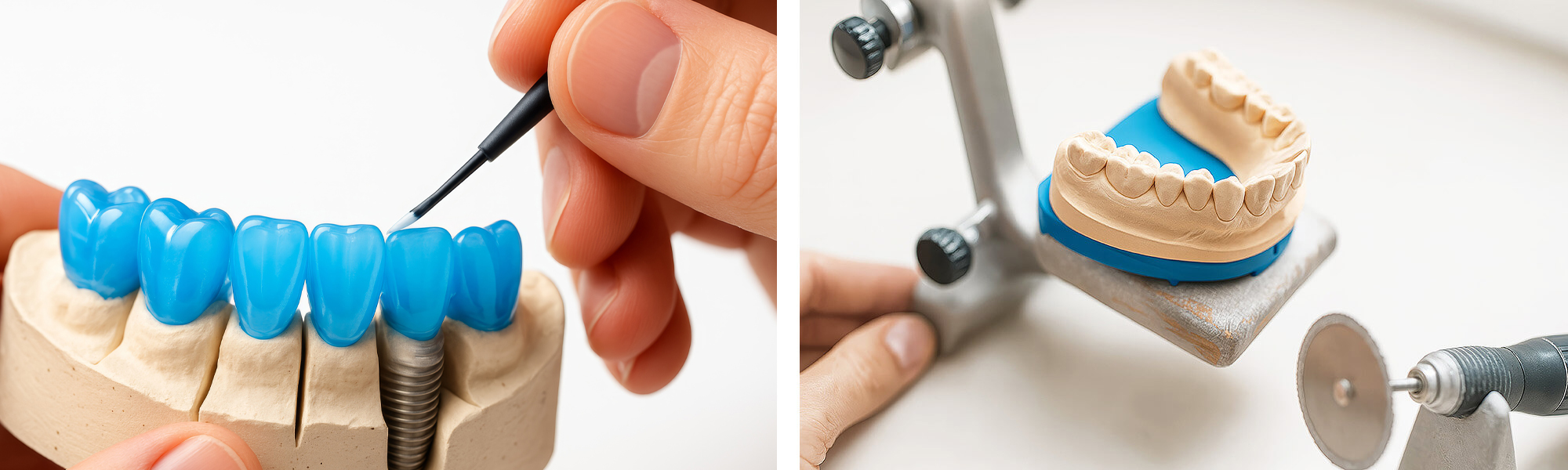 Zahnmodell aus Gips mit eingesetzten Implantatkronen, daneben Werkzeug und keramische Zahnkrone.