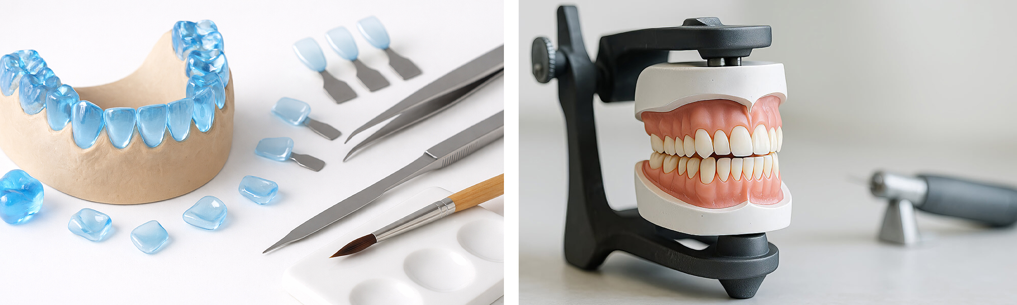 Zahntechniker bemalt Keramikzähne auf einem Modell mit feinem Pinsel und arbeitet Details aus.