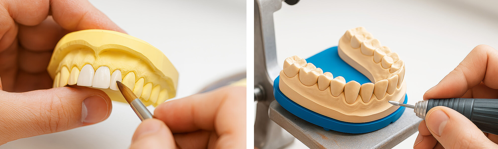 Zwei Zahntechnik-Modelle im Vergleich: eines mit vollständigem Gebiss und eines im Bearbeitungsprozess mit Schleifwerkzeug.