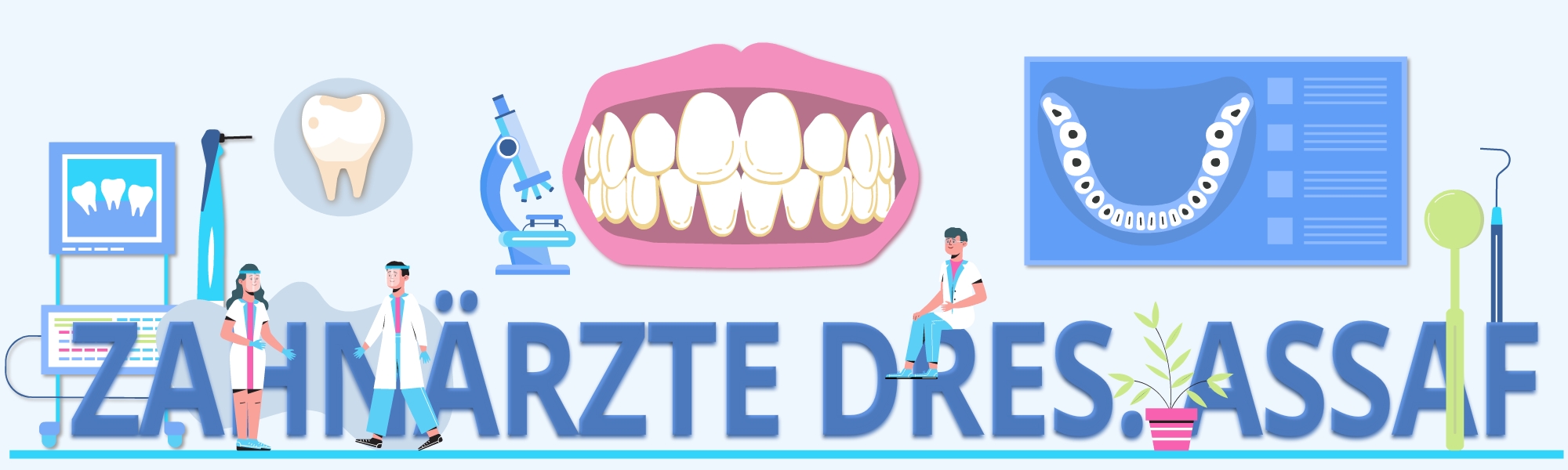 Illustration mit Zahnärzten, Zahnmodellen, Mikroskop und Zahnarztinstrumenten, in der Mitte Schriftzug ‚Zahnärzte Dres. Assaf‘.