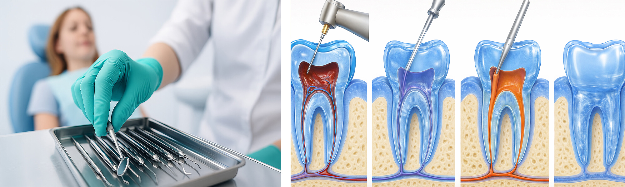 Kombiniertes Bild: links Zahnärztin greift nach Instrument, rechts schematische Darstellung der Schritte einer Wurzelbehandlung im Querschnitt.