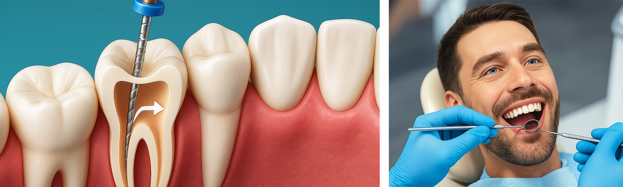 Darstellung eines Zahns während einer Wurzelkanalbehandlung mit Feile im Zahnkanal, daneben lächelnder Patient im Zahnarztstuhl bei Kontrolle.