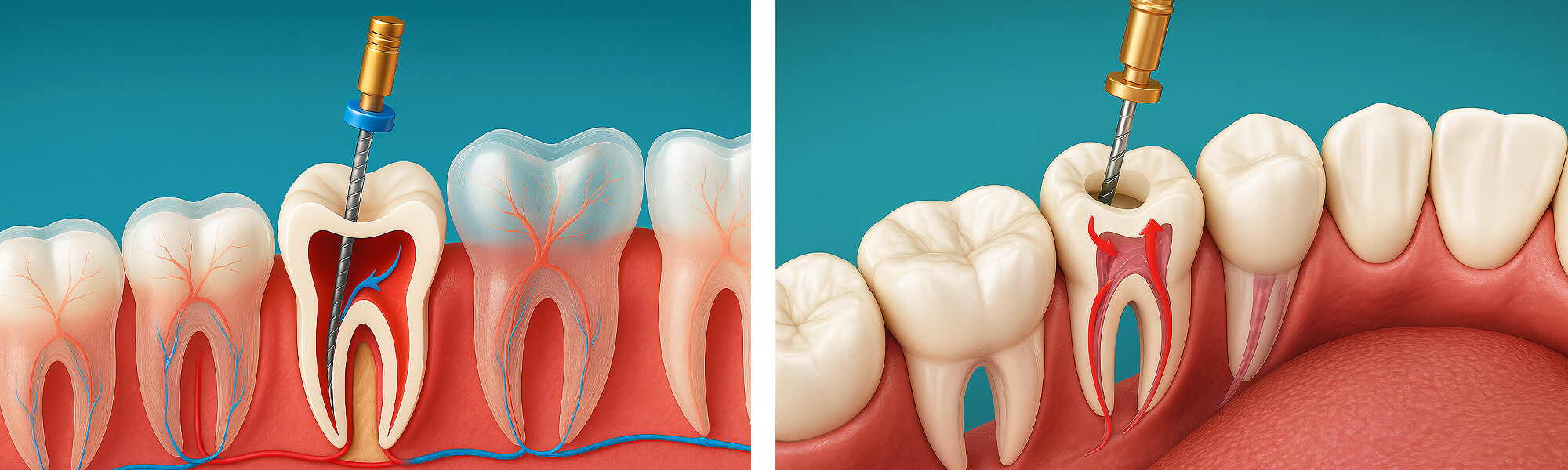 Querschnittsillustration mehrerer Zähne mit Wurzelkanälen, Instrumente werden in den geöffneten Zahn eingeführt zur endodontischen Behandlung.