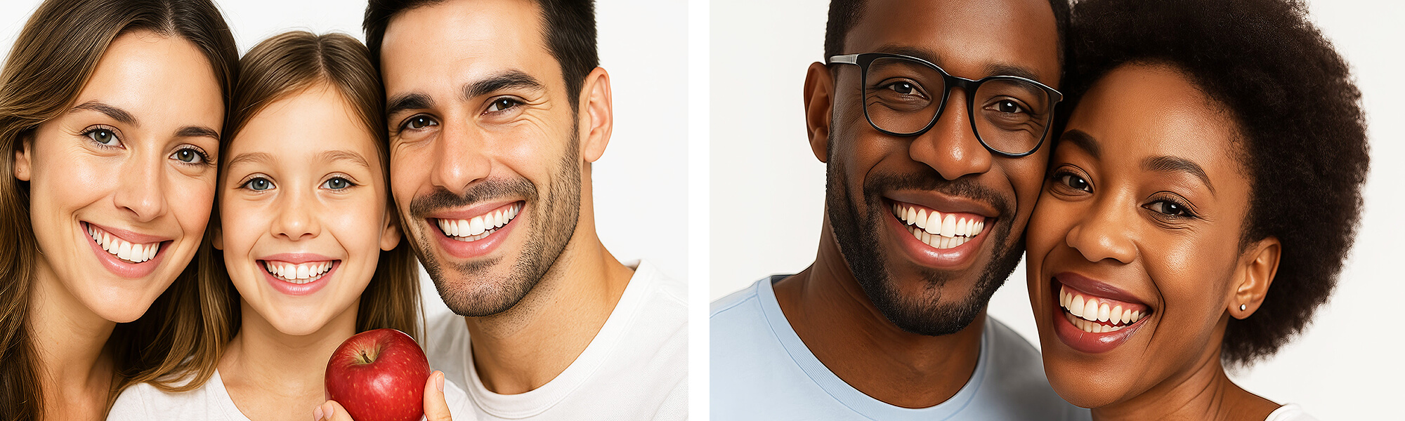 Zwei nebeneinander dargestellte Porträts: links eine Familie mit Eltern und Kind, rechts ein Paar, alle mit gesundem Lächeln und weißen Zähnen.