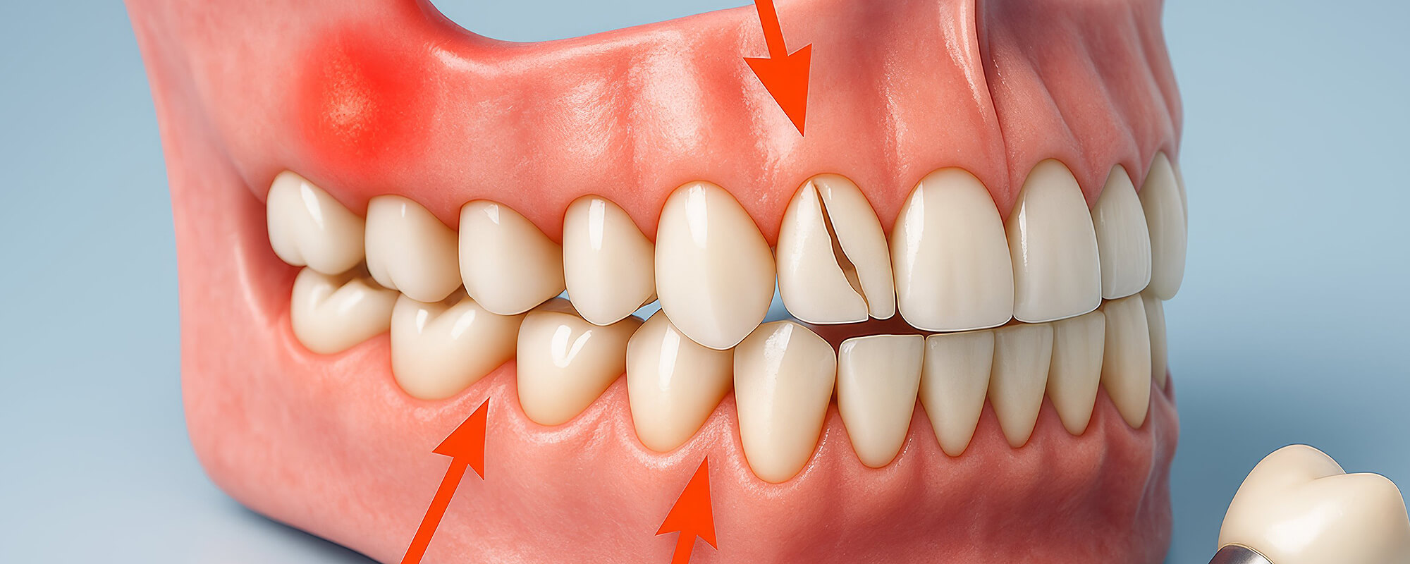Nahansicht eines Gebissmodells mit roter Markierung eines entzündeten Bereichs, Pfeile zeigen auf eine Zahnfraktur und Druckpunkte im Kiefer.