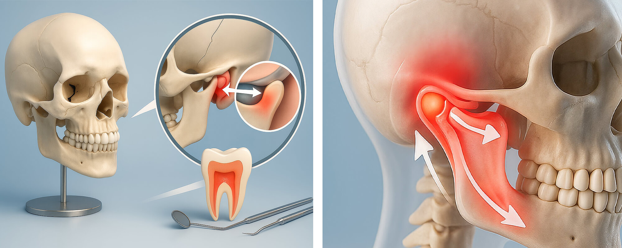 Zweiteilige Grafik: links Schädel mit vergrößertem Kiefergelenk-Ausschnitt, rechts rot markierter Entzündungsbereich im Gelenk mit Richtungspfeilen.