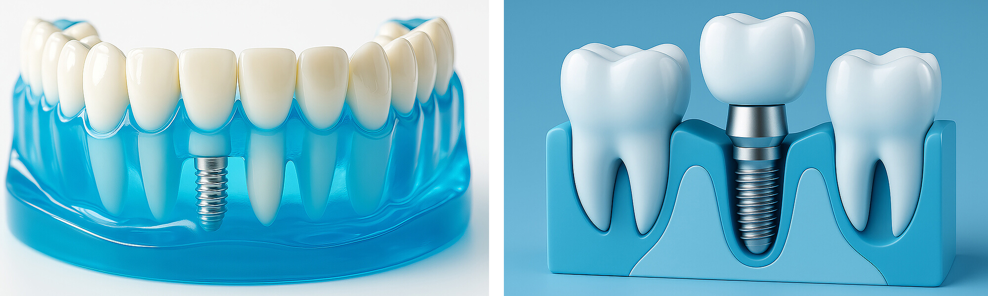 Zahnmodell mit eingesetztem blauen Zahnimplantat auf weißem Untergrund, Nachbarzähne transparent dargestellt.