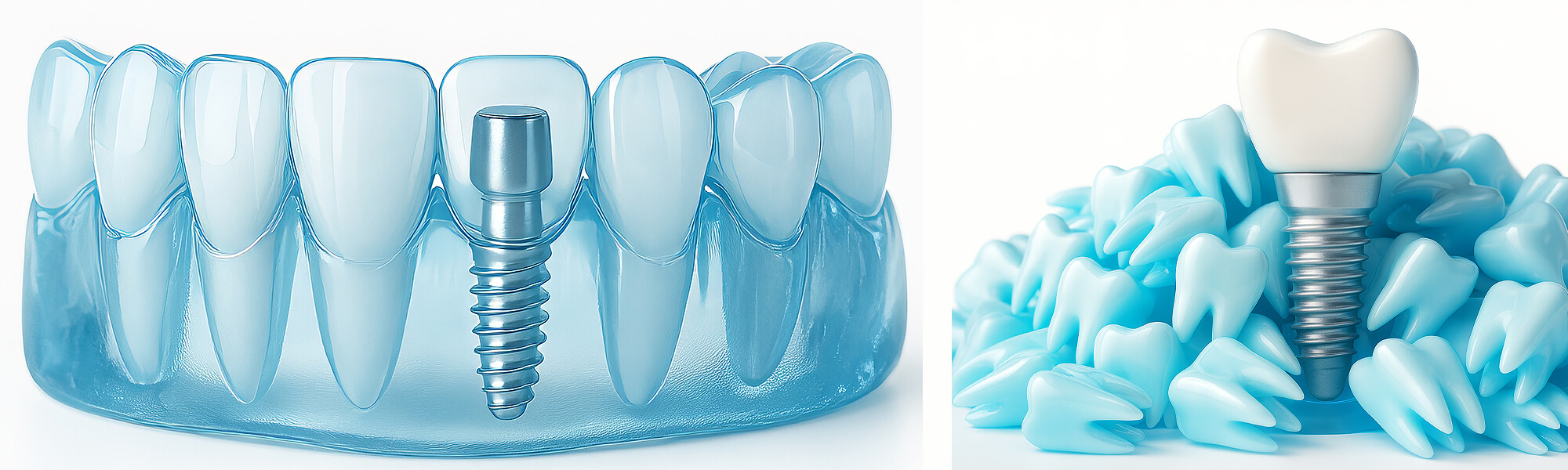 Zahnmodell mit eingesetztem Metallimplantat, daneben herausnehmbares blaues Zahnimplantat auf reflektierendem Untergrund.