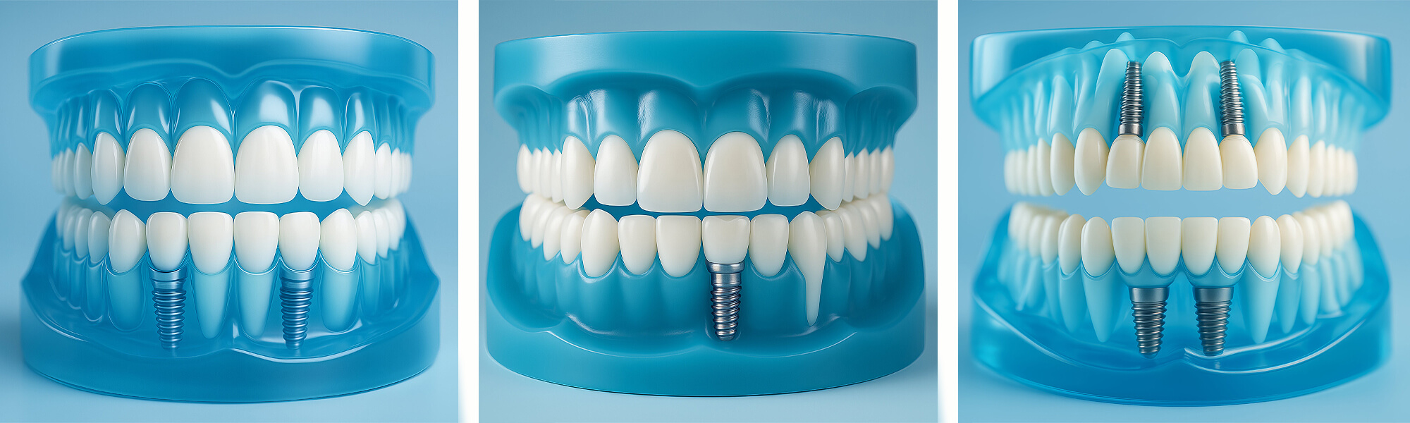 Drei Zahnmodelle mit eingesetzten Implantaten in unterschiedlichen Positionen, dargestellt in transparenter blauer Farbe zur Verdeutlichung der Implantatlage.