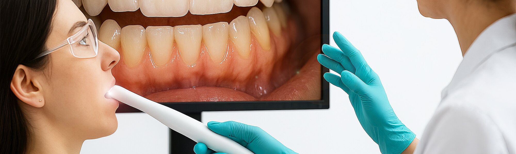 Zahnärztin untersucht mit intraoraler Kamera den geöffneten Mund einer Patientin, im Hintergrund ist eine stark vergrößerte Zahnaufnahme auf einem Bildschirm zu sehen.
