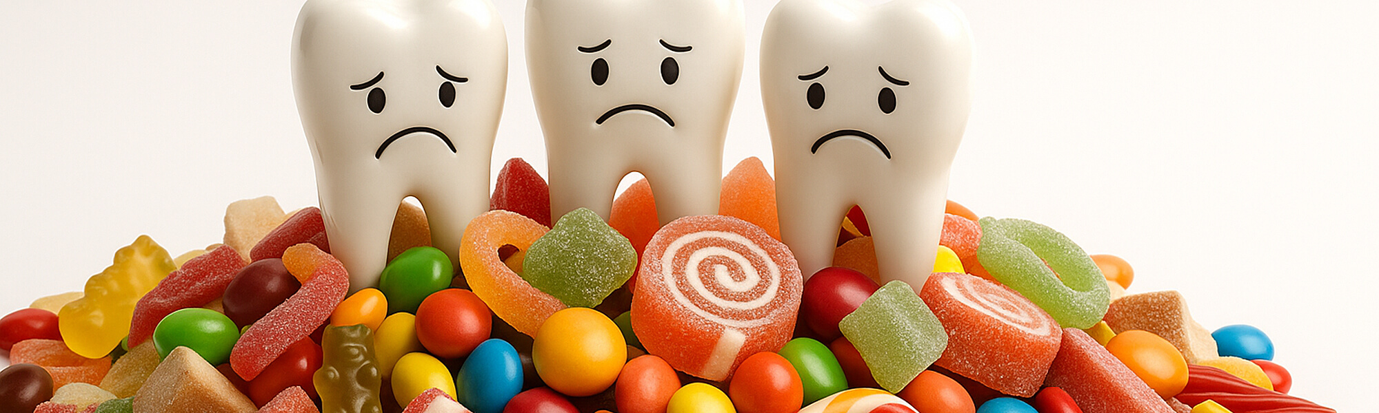 Drei stilisierte Zähne mit traurigen Gesichtern stehen zwischen bunten Süßigkeiten wie Gummibärchen und Bonbons.