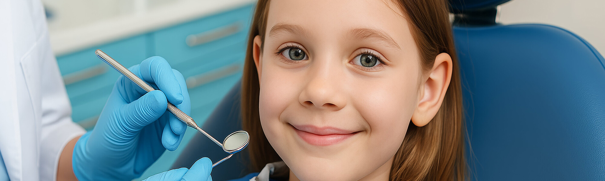 Kind sitzt im Zahnarztstuhl und lächelt, während eine behandschuhte Hand mit Zahnspiegel und Instrument zur Untersuchung ansetzt.