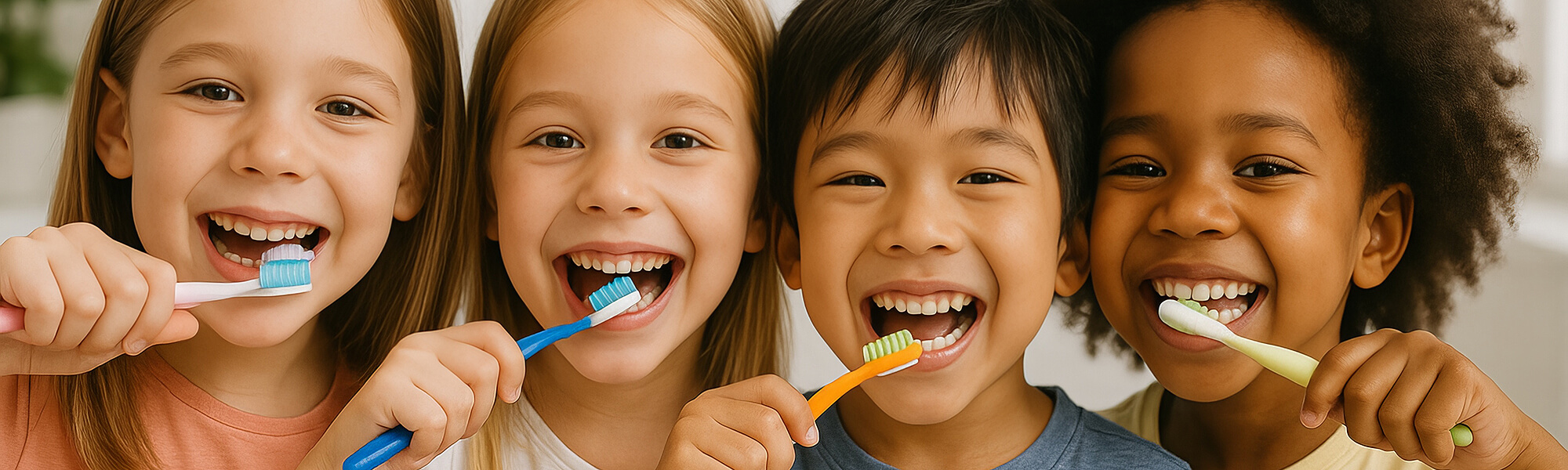Vier Kinder stehen nebeneinander und putzen sich lachend die Zähne mit bunten Zahnbürsten.