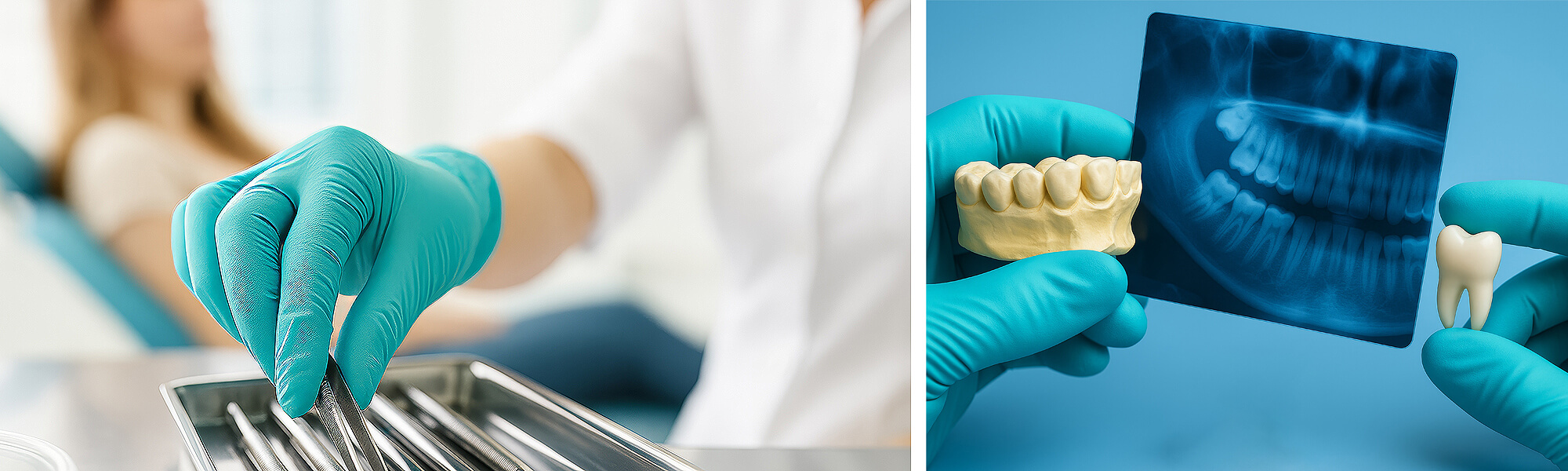 Zweiteiliges Bild: links behandschuhte Hand greift zahnärztliche Instrumente, rechts werden Zahnmodell, Röntgenbild des Kiefers und ein Zahnmodell von einer behandschuhten Hand gehalten.