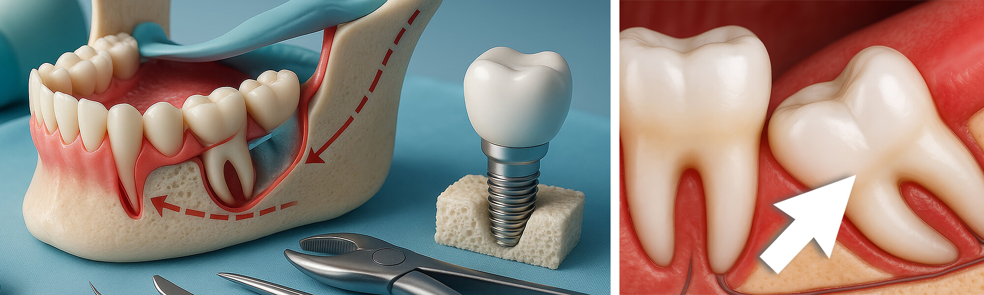 Zweiteiliges Bild: links Kiefermodell mit chirurgischer Darstellung einer Weisheitszahnentfernung, rechts Nahansicht eines verlagerten Weisheitszahns mit Pfeilmarkierung.