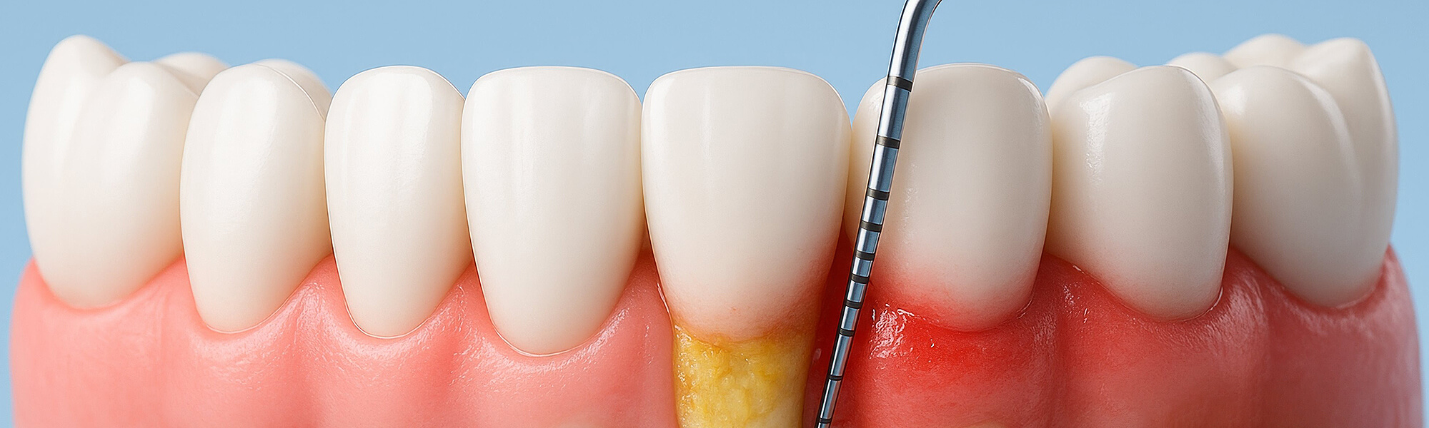 Grafische Darstellung eines Zahnfleischentzündungsbereichs mit Parodontalsonde und Symbolen für Zahnfleischtasche, Gewebeabbau und Blutung