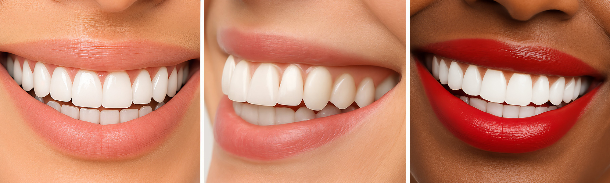 Dreiteiliges Bild mit Nahaufnahmen lächelnder Münder, die weiße, gleichmäßige Zähne zeigen