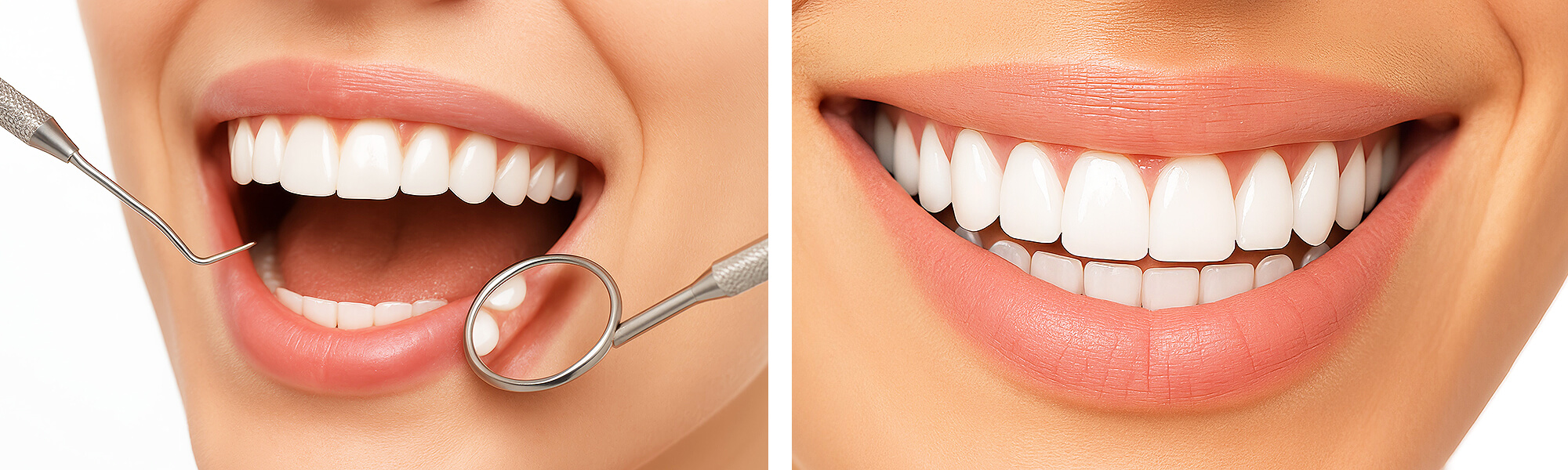 Zweiteiliges Bild mit einem geöffneten Mund während einer zahnärztlichen Untersuchung und einer Nahaufnahme eines lächelnden Mundes.