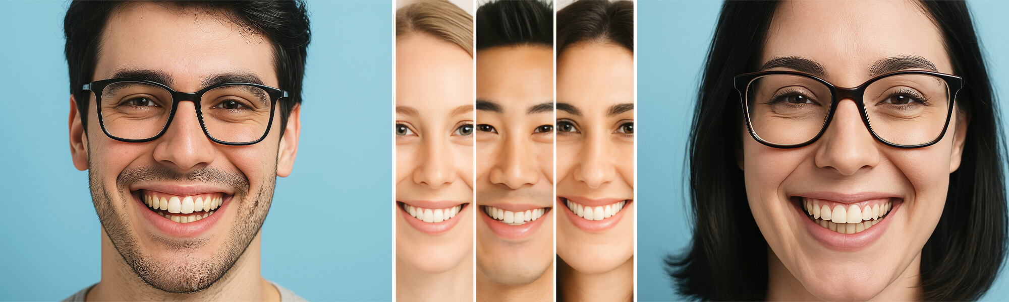 Porträt zweier lächelnder Personen mit Brille vor blauem Hintergrund