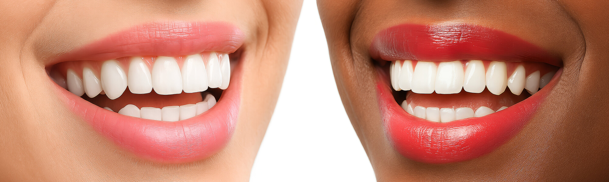 Porträt von drei lächelnden Personen verschiedenen Hauttyps mit sichtbaren weißen Zähnen.