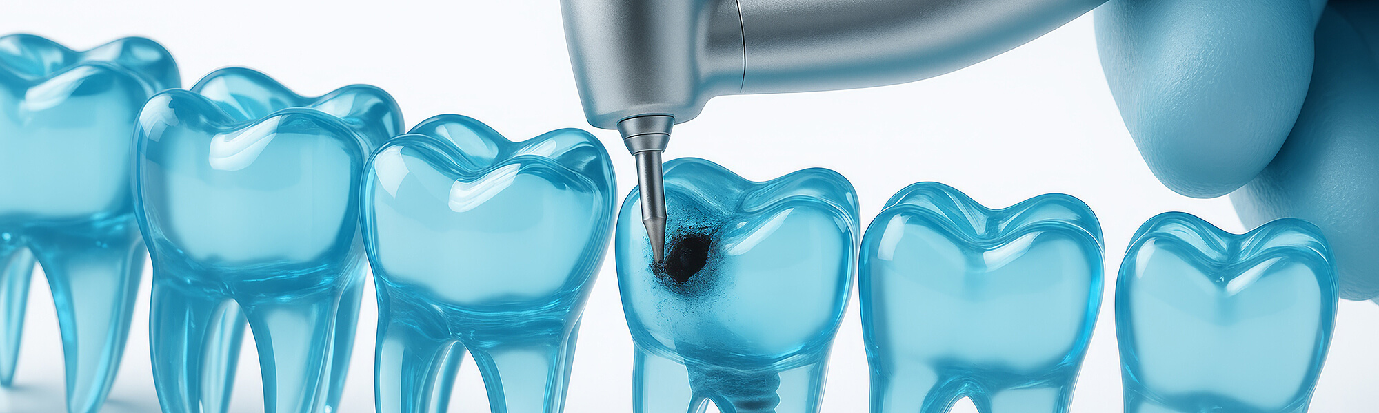 Bohrer eines zahnärztlichen Handstücks, der in einen blauen transparenten Zahn eindringt, um kariöses Gewebe zu entfernen