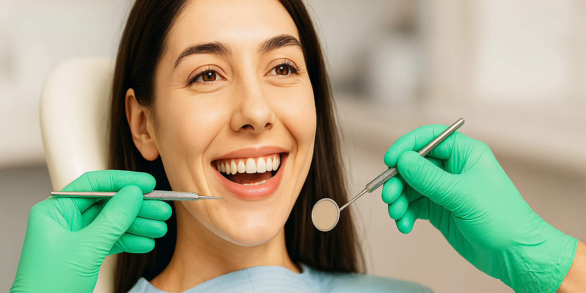 Lächelnde Patientin im Zahnarztstuhl; zwei grün behandschuhte Hände halten Zahnspiegel und Instrument neben ihrem Gesicht.