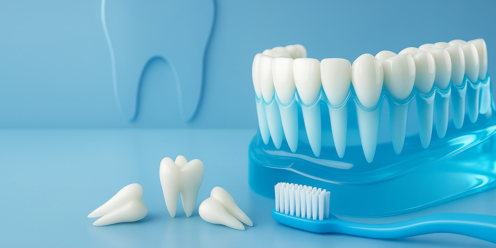 Zahnmodell mit weißen Zähnen und Zahnbürste auf blauem Hintergrund; daneben drei einzelne künstliche Zähne.