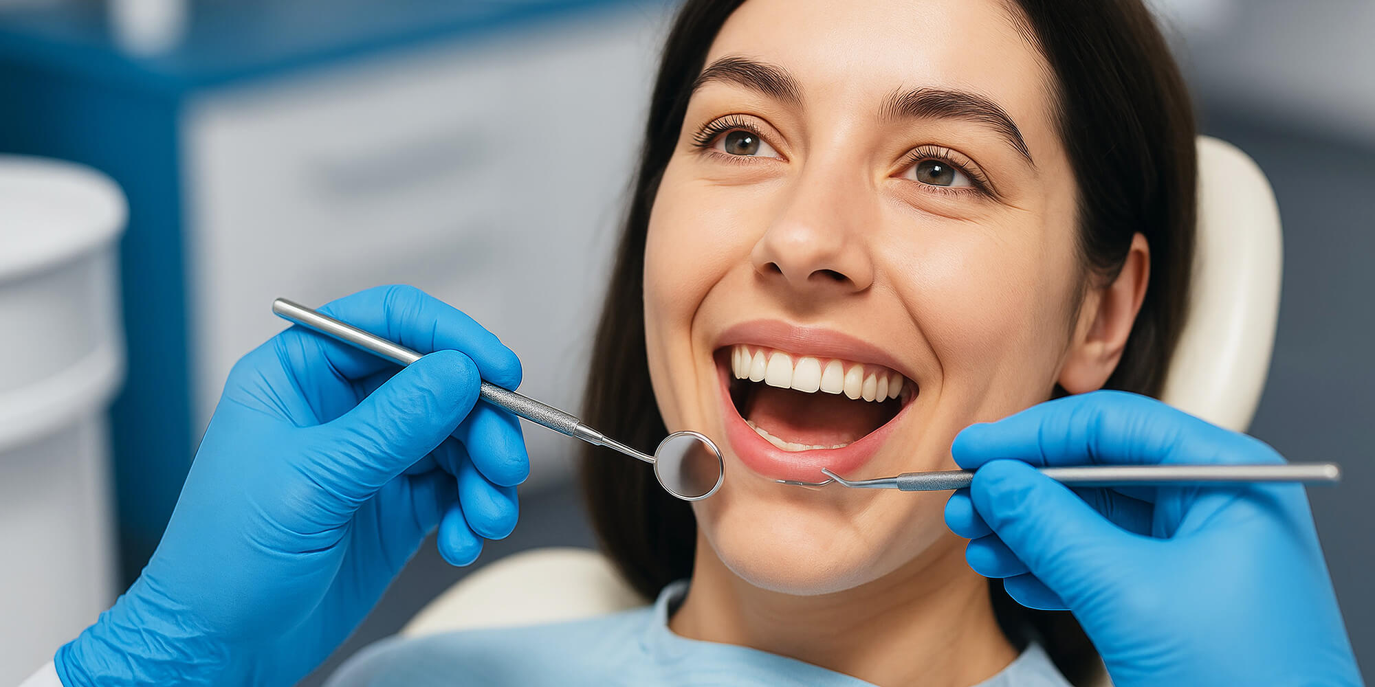 Lächelnde Patientin im Zahnarztstuhl; blau behandschuhte Hände halten Zahnspiegel und Scaler während der Untersuchung.