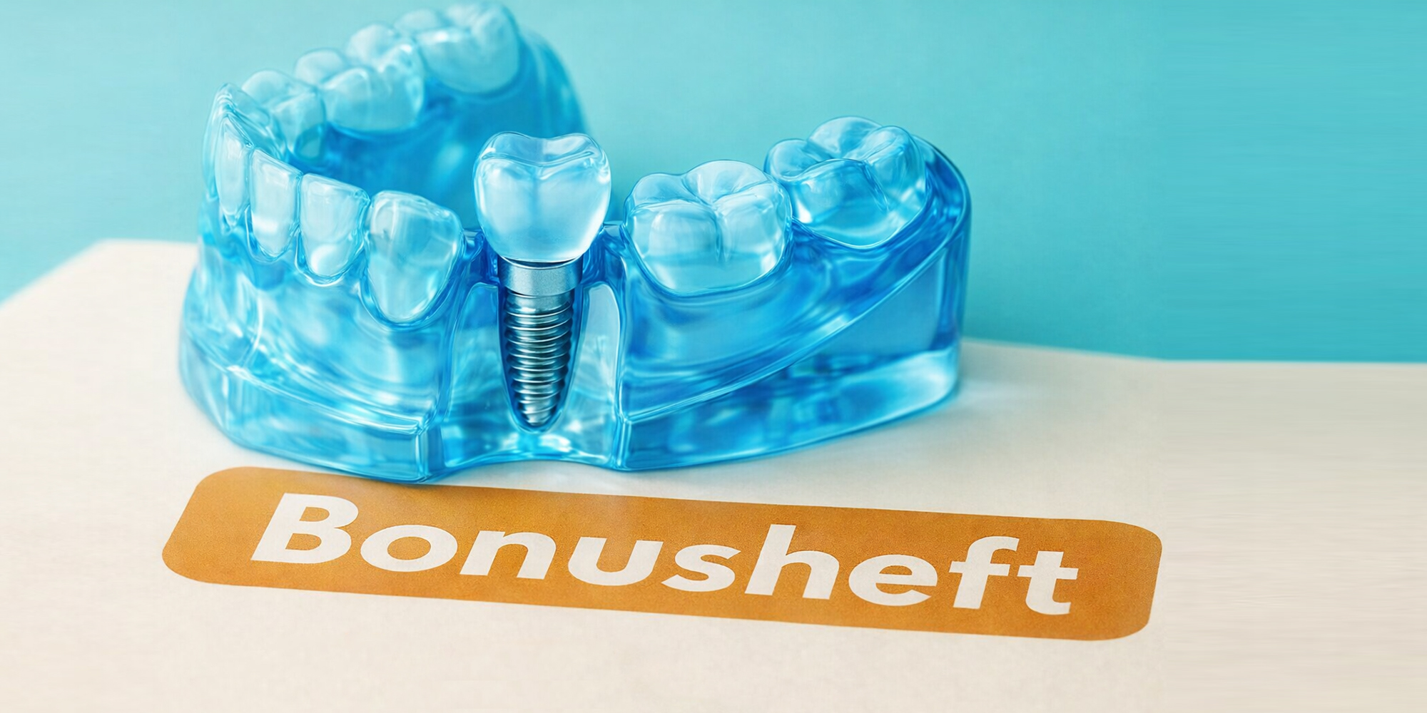 Zahnmodell mit einzelnem Zahnimplantat steht auf einem Bonusheft zur zahnärztlichen Vorsorge.