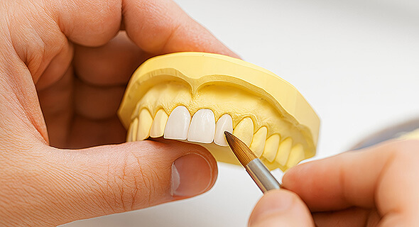 Nahaufnahme einer zahntechnischen Arbeit: Eine Hand hält ein Gipsmodell, während mit einem feinen Pinsel eine frontale Zahnrekonstruktion bearbeitet wird.