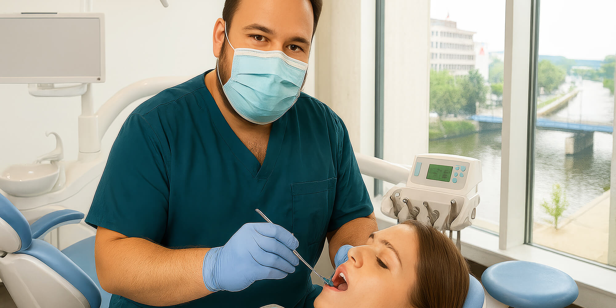 Zahnarzt mit Maske und Handschuhen behandelt eine Patientin im modernen Behandlungsraum mit Blick auf Fluss und Brücke durch das Fenster.