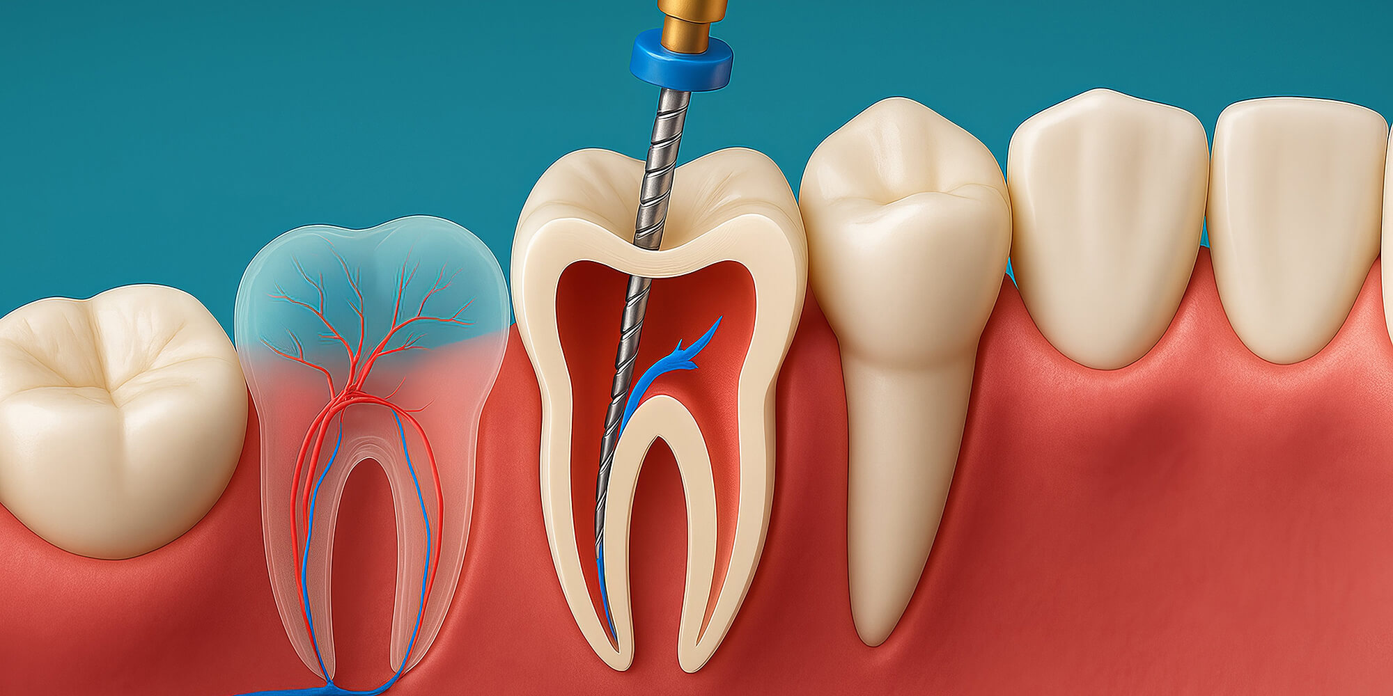 Illustration der Wurzelbehandlung: geöffneter Zahn mit Feile im Wurzelkanal und daneben sichtbarer Zahnnerv im Nachbarzahn.