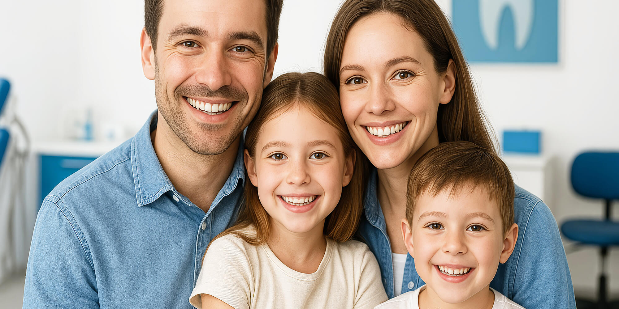 Glückliche Familie mit zwei Kindern lächelt gemeinsam in einer Zahnarztpraxis.