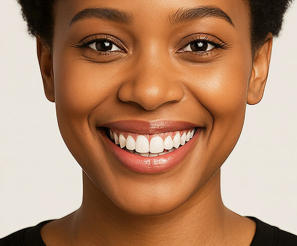 Porträt einer lächelnden Frau mit perfektem weißen Lächeln vor neutralem Hintergrund.