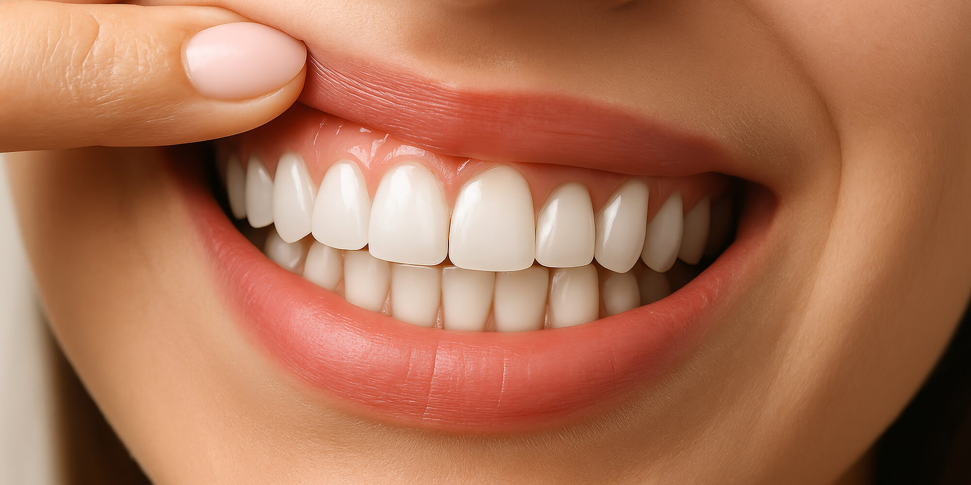 Nahaufnahme eines Lächelns, bei dem die obere Lippe leicht angehoben wird, um die weißen Zähne zu zeigen.