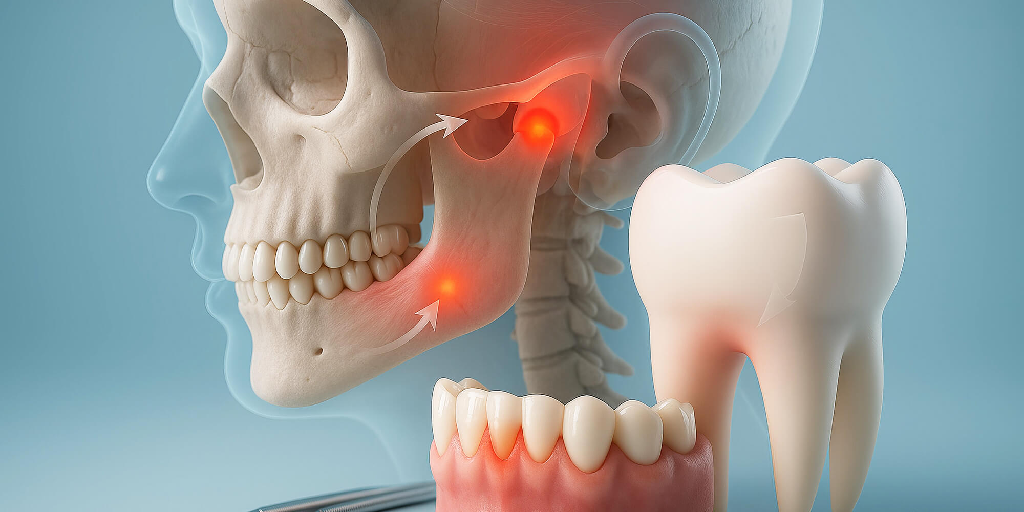 3D-Darstellung eines Schädels mit markierten Kiefergelenkpunkten und Pfeilen zur Bewegungsrichtung des Kiefers.