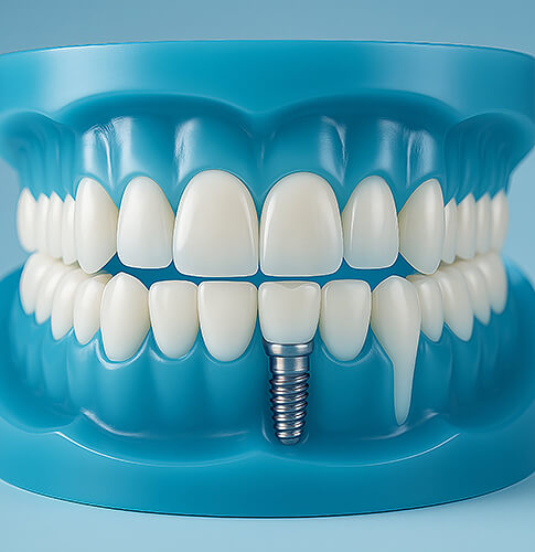 Blaues Zahnmodell mit einem zentralen Zahnimplantat, daneben ein längerer Zahn mit Wurzel.