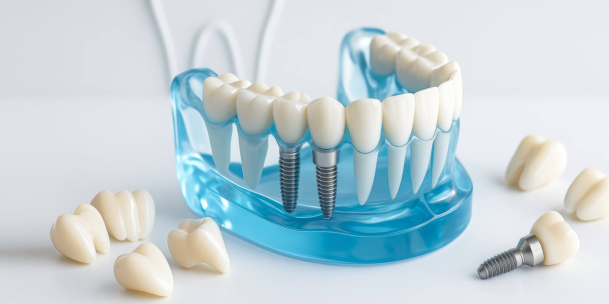 Kiefermodell mit zwei eingesetzten Zahnimplantaten, umgeben von losen Zahnkronen auf weißem Hintergrund.