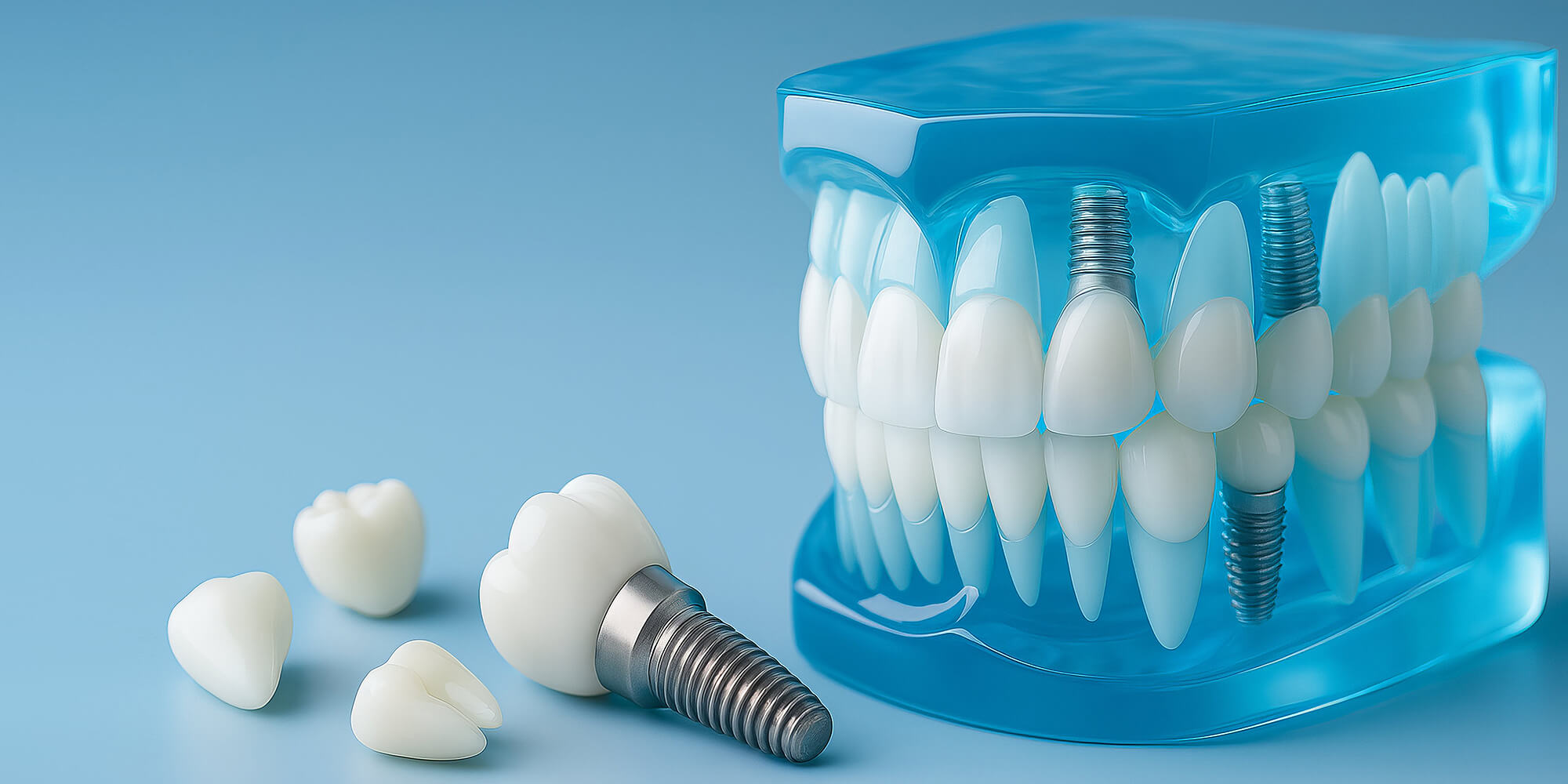 Komplettes Gebissmodell aus transparentem blauem Material mit sichtbaren Zahnimplantaten im Ober- und Unterkiefer.