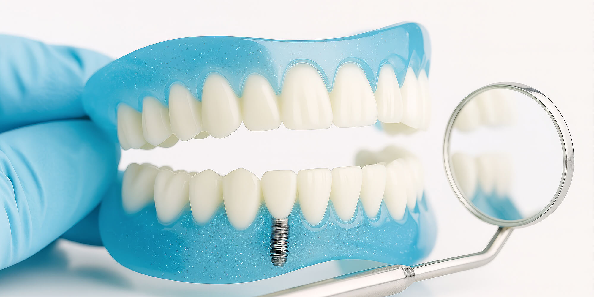 Zahnimplantatmodell mit Spiegel und blauen Handschuhen, das Gebiss zeigt ein eingesetztes Implantat.