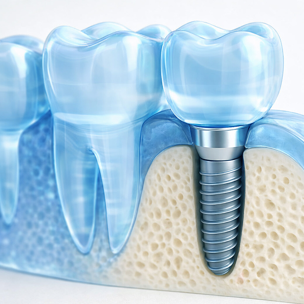 3D-Illustration eines Zahnimplantats im Kieferknochen mit sichtbarer Schraube und Krone.