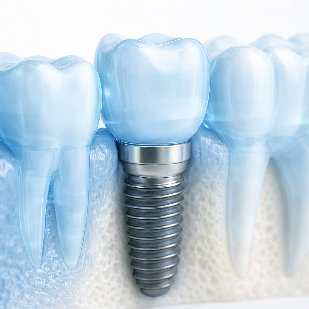 Detailansicht eines Zahnimplantats im Zahnfleisch zwischen natürlichen Zähnen, realistische Darstellung des Zahnfleischgewebes.