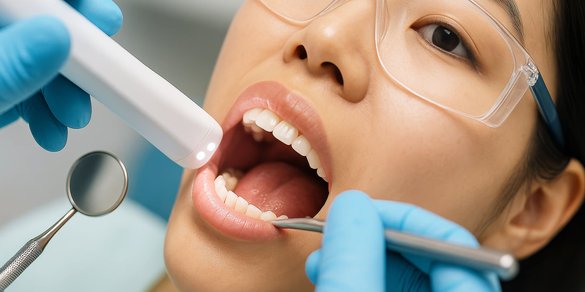 Zahnärztliche Untersuchung mit intraoraler Kamera, Patientin mit Schutzbrille und geöffneter Mund, blau behandschuhte Hände halten Instrumente.