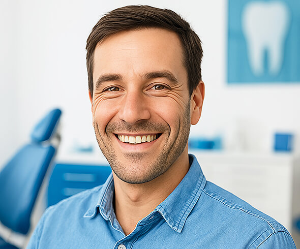 Porträt eines lächelnden Mannes in einer Zahnarztpraxis, im Hintergrund ist zahnärztliche Ausstattung sichtbar.
