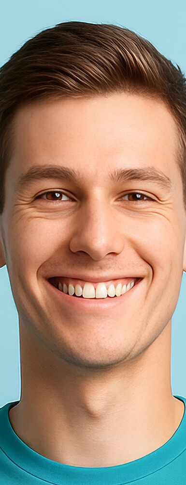 Porträt eines jungen Mannes mit hellem Haar und freundlichem Lächeln vor hellblauem Hintergrund.